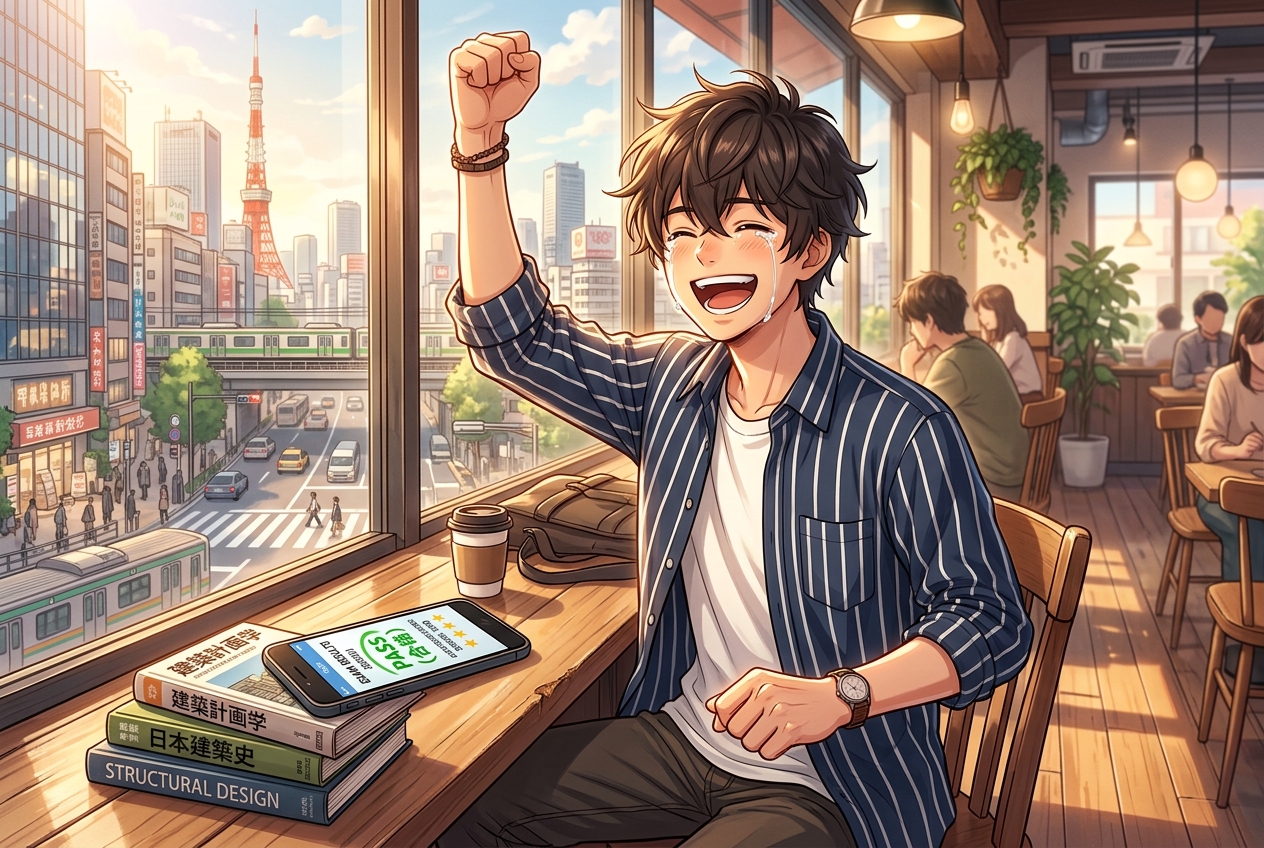 7度目の挑戦でついに合格した建築士のイラスト