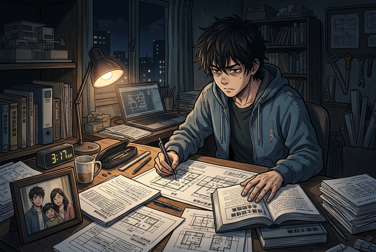 深夜に製図試験の勉強をする建築士受験生のイラスト