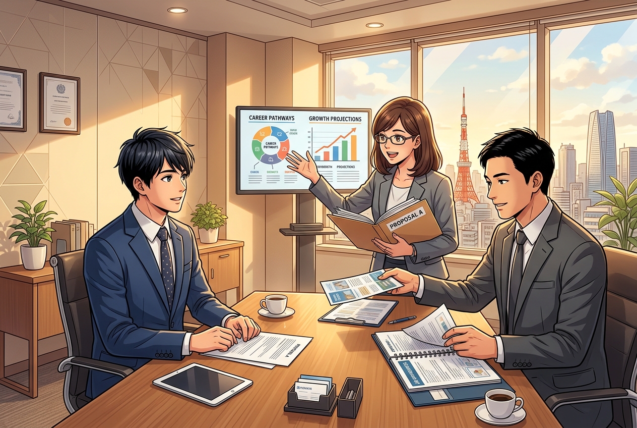 転職エージェントを比較する建築士のイラスト