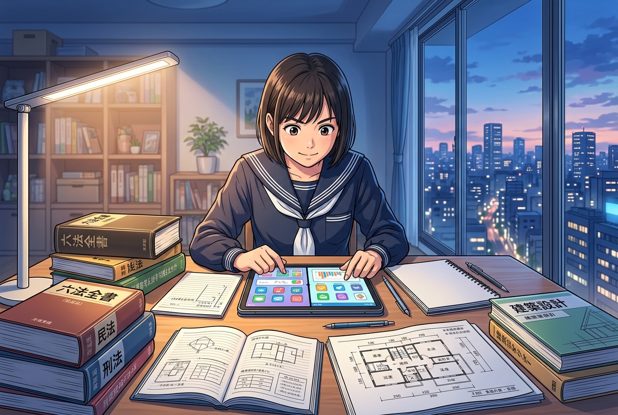 一級建築士対策アプリを比較する学習者のイラスト