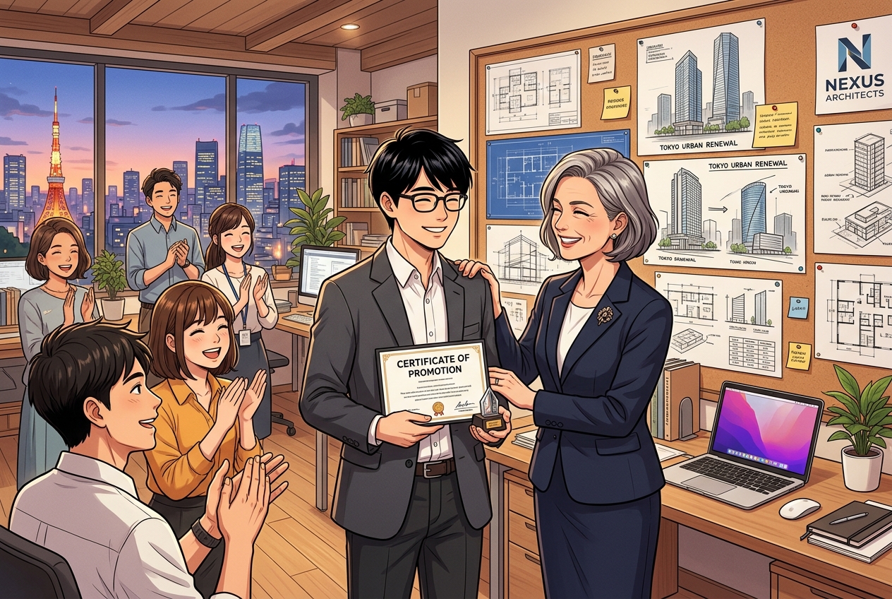 企業内でキャリアアップする一級建築士のイラスト