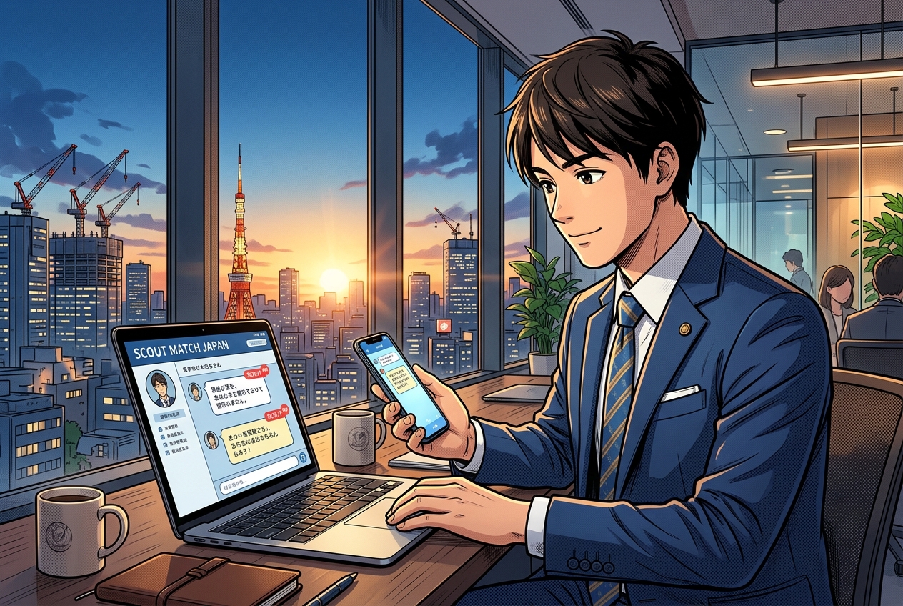 ビズリーチでスカウトを受け取る建築士のイラスト