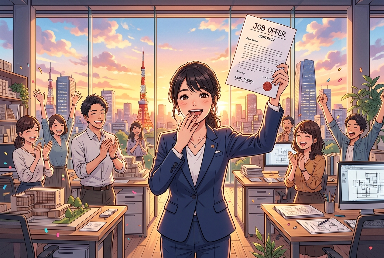 転職成功を喜ぶ建築士のイラスト