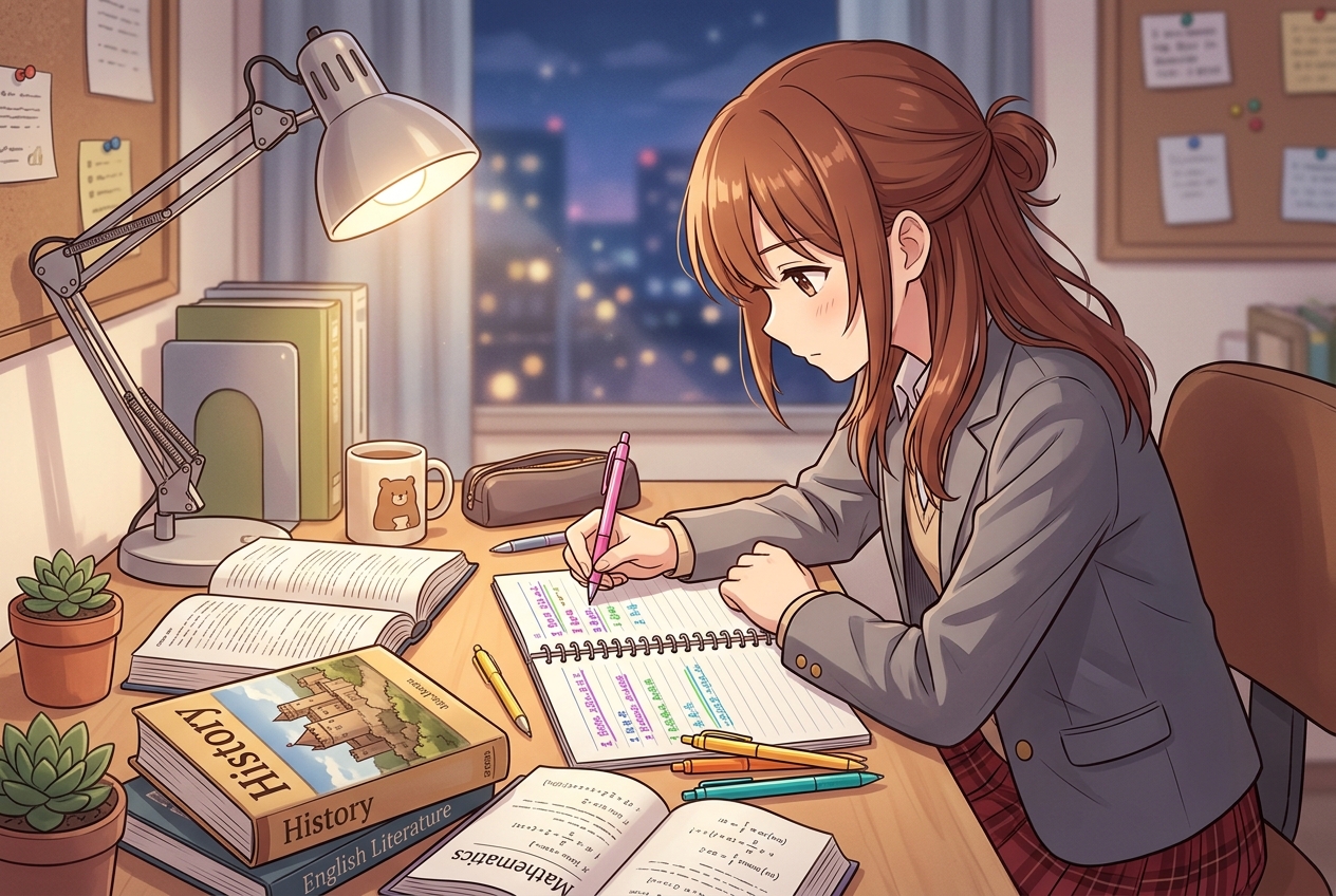 用語や公式をノートにまとめる受験生のイラスト