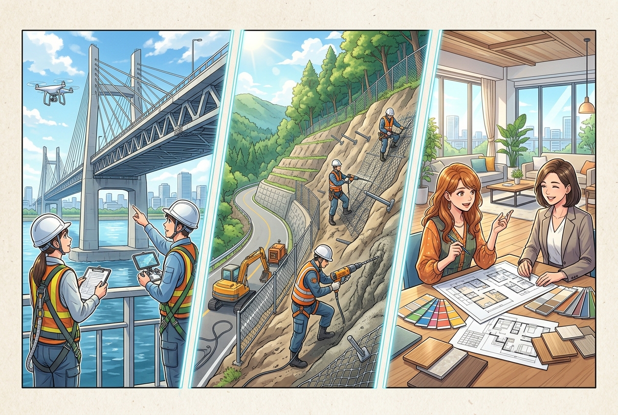 インフラ・防災・リノベーションの成長分野を表すイラスト