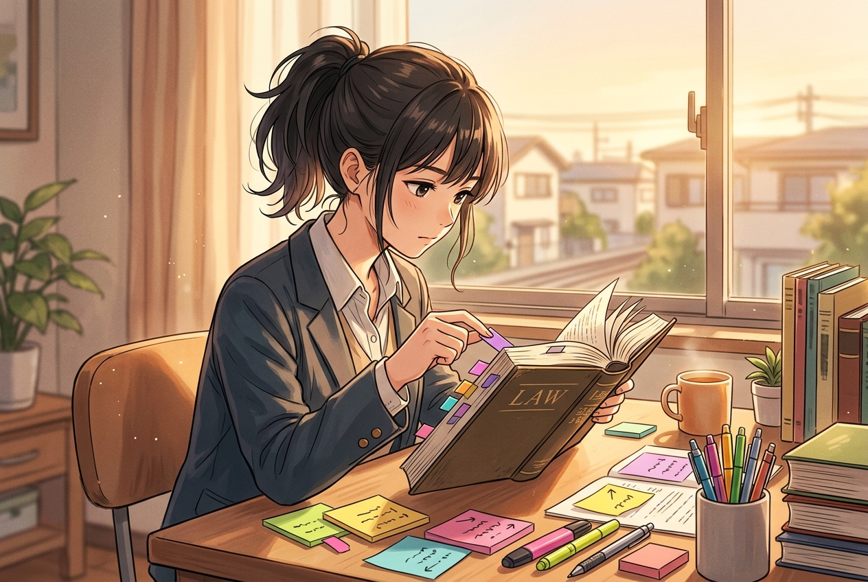 法令集にインデックスを貼りカスタマイズする受験生のイラスト