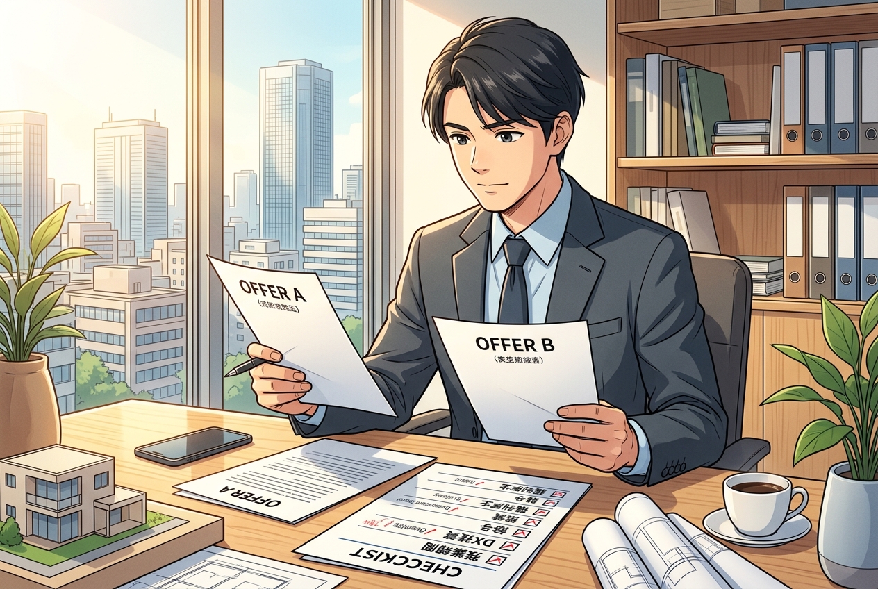 転職先を慎重に見極める建築士のイラスト