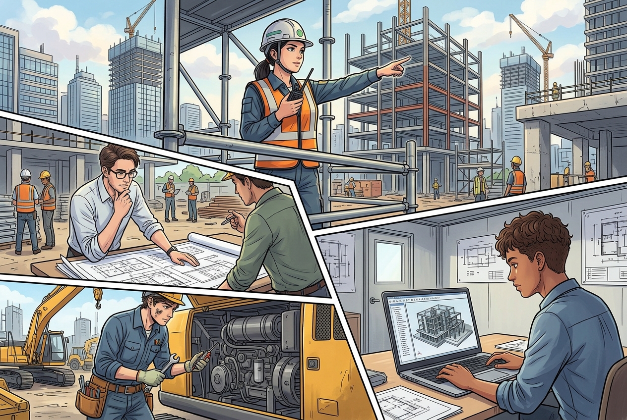 施工管理・設計・BIMなど多様な職種の建設プロフェッショナルのイラスト