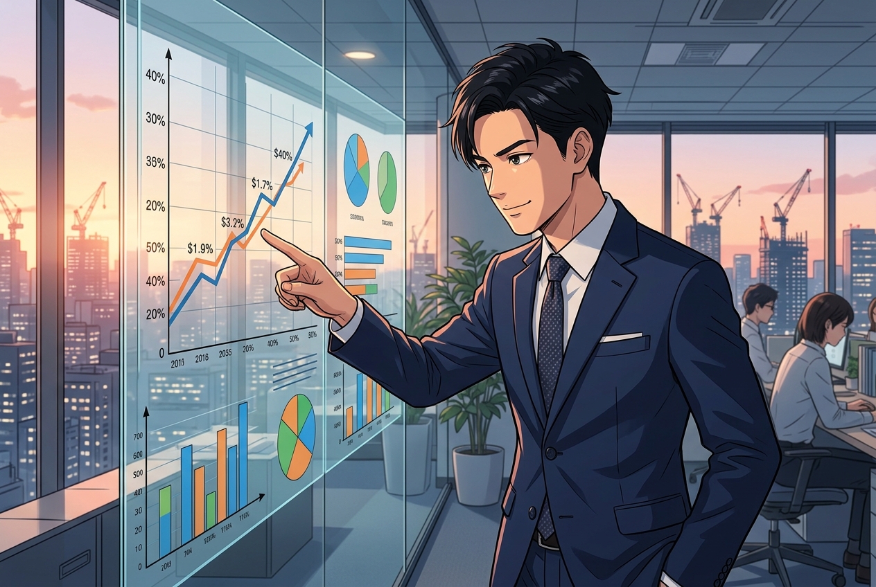 建設業界の転職市場データを分析する建築士のイラスト