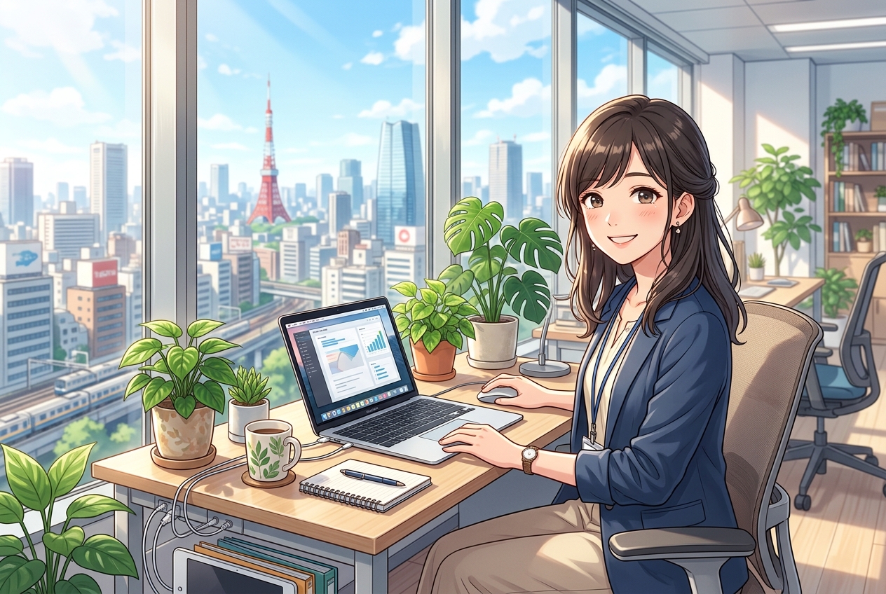 明るいオフィスで働く内勤職への転職成功イラスト