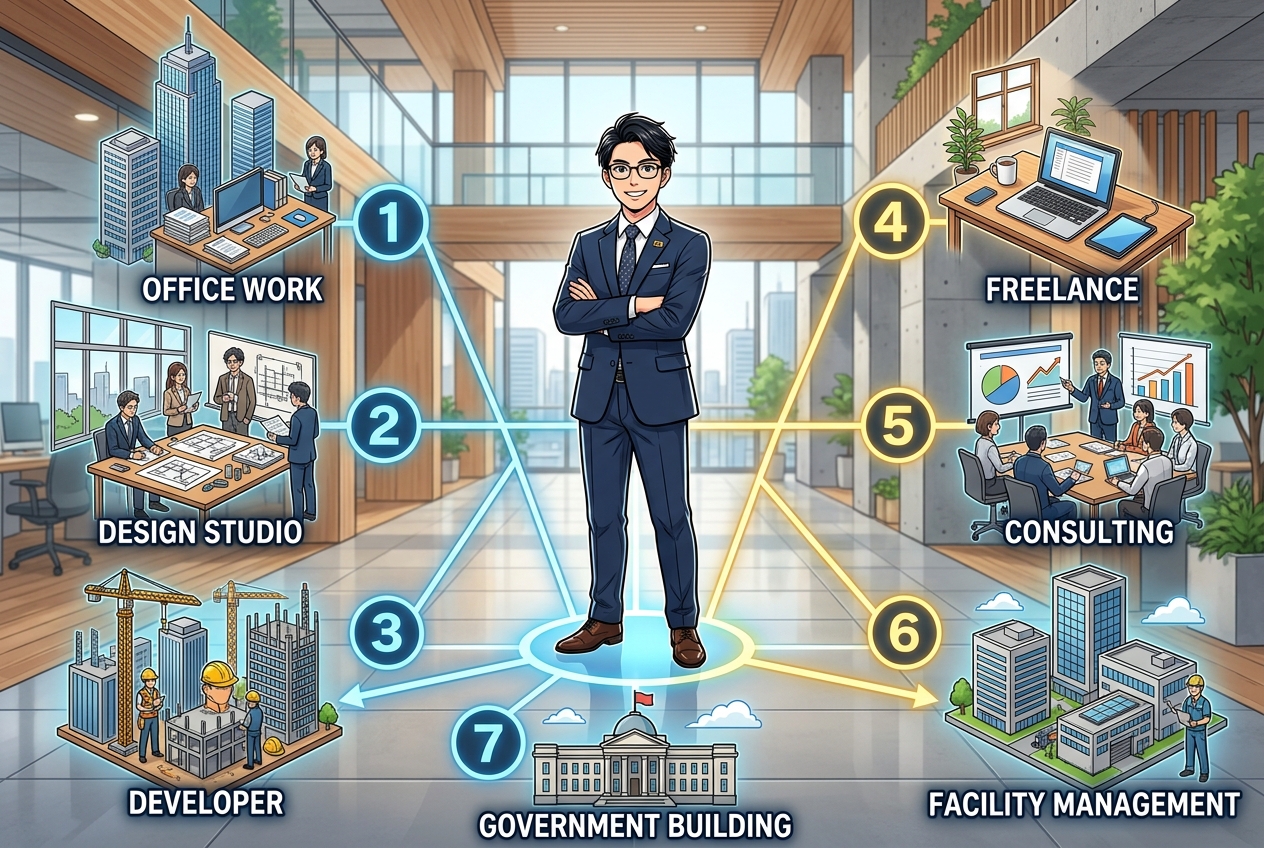 一級建築士×施工管理経験で選べるキャリアパス7選のイラスト