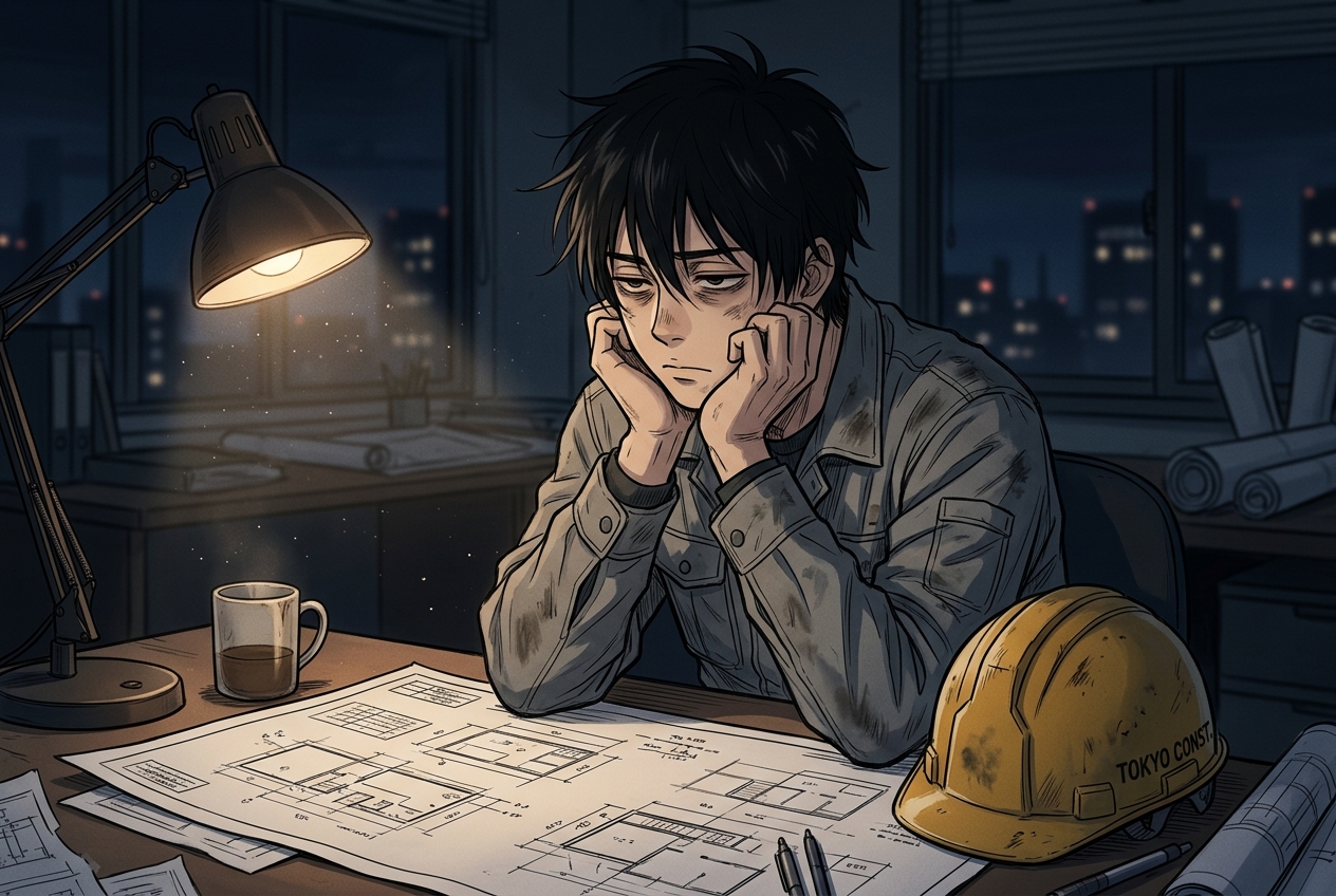 深夜に疲弊する施工管理者のイラスト