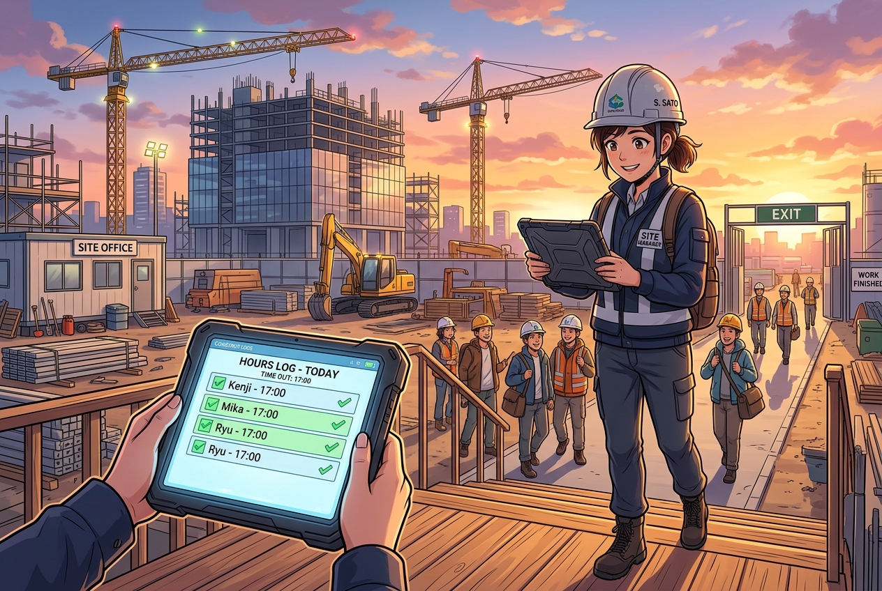 働き方改革後の建設現場で定時に退勤する職員のイラスト