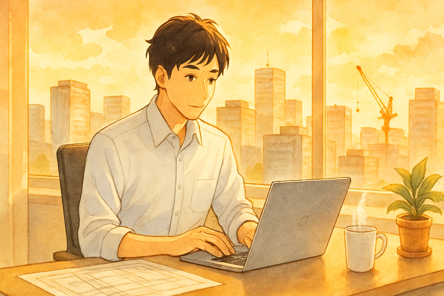 明るいオフィスでスーツ姿の建築士が内勤業務をするイラスト