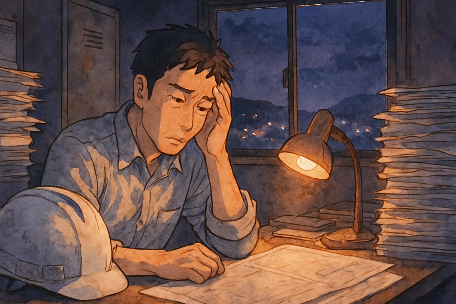 深夜の現場事務所で疲弊する施工管理者のイラスト