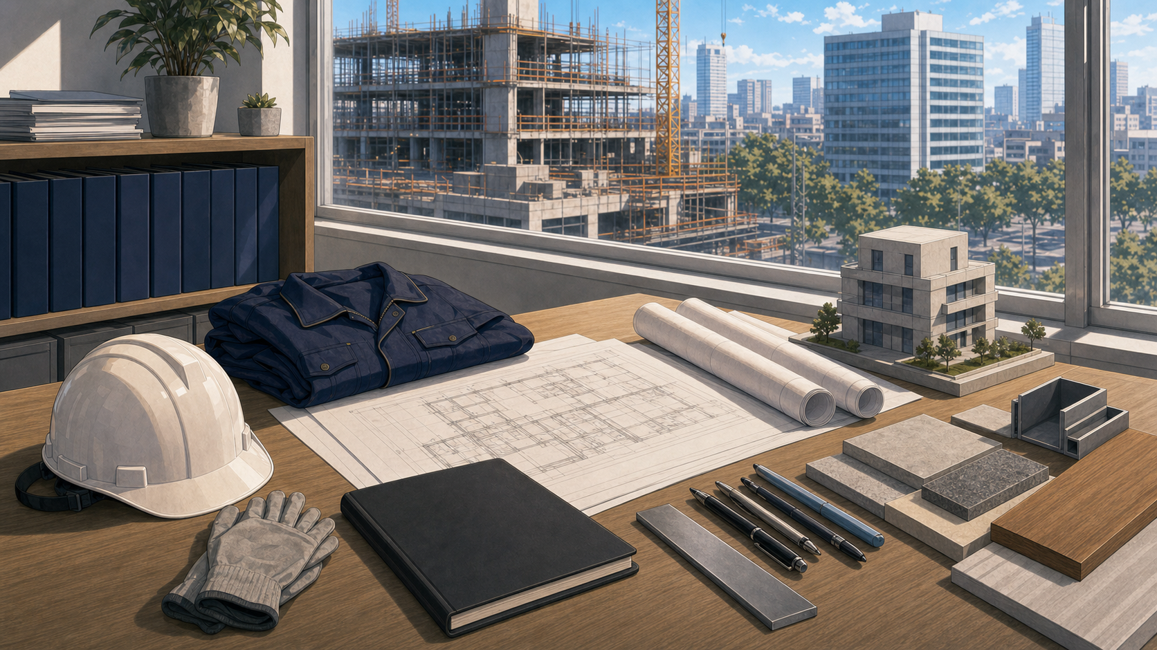 現場道具と図面と建築模型で施工管理経験が内勤に活きることを表したイラスト