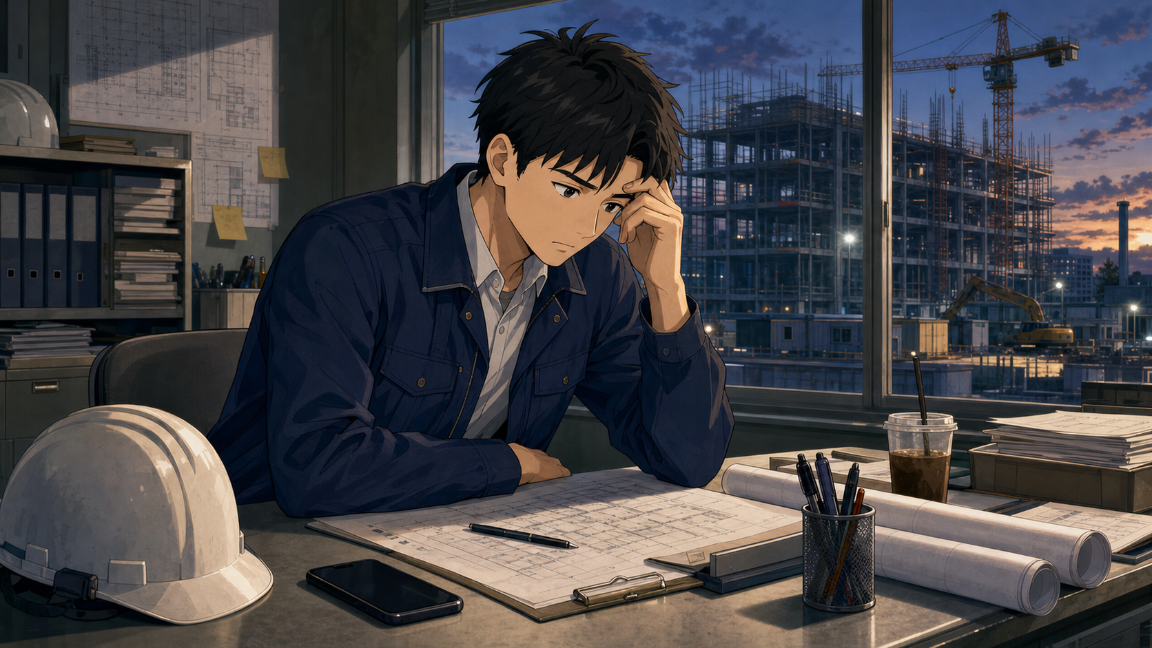長時間労働と責任の重さから現場を辞めたいと感じるゼネコン現場監督のイラスト