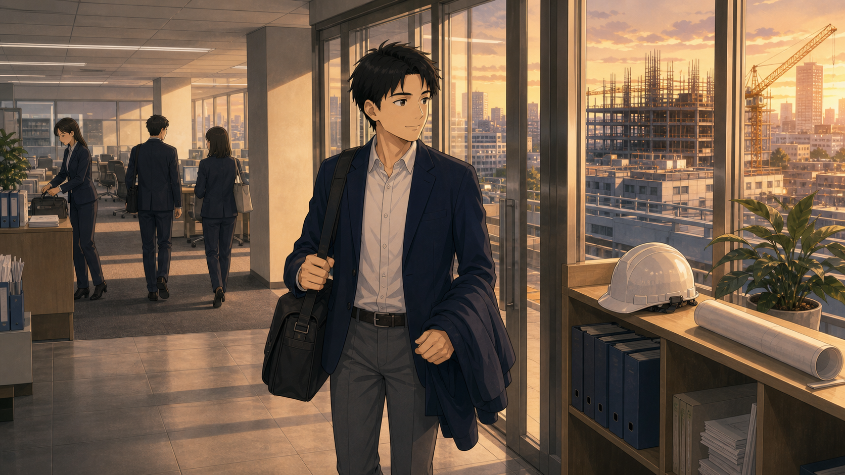 夕方に仕事を終えて退勤するゼネコン内勤社員の働き方