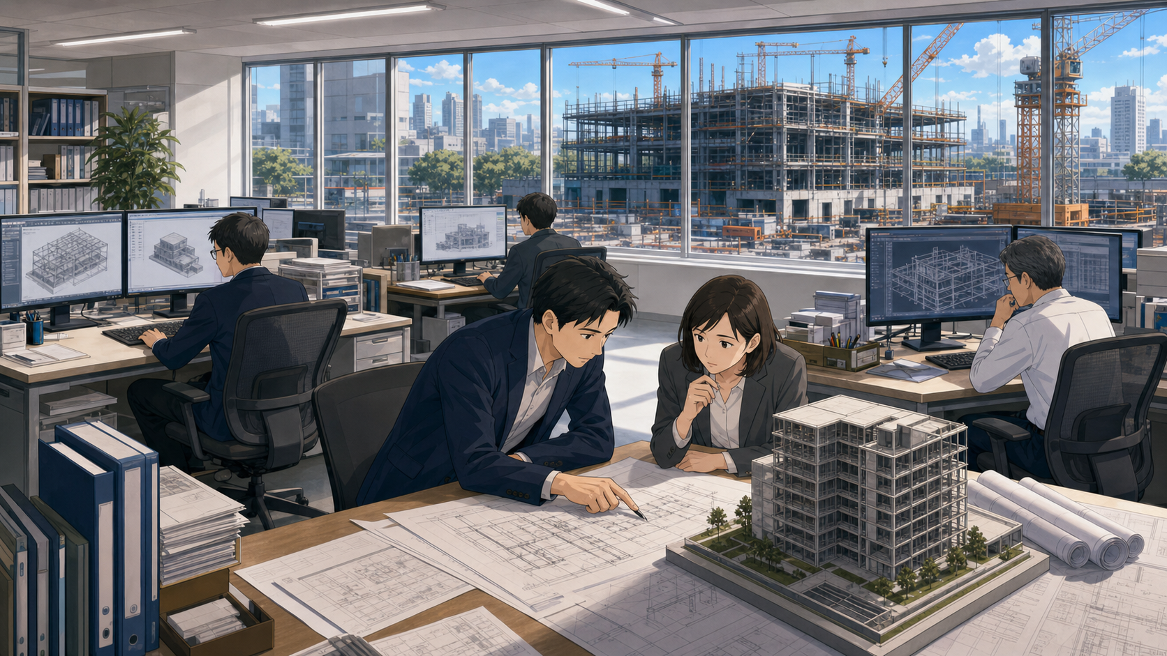 建設現場を技術面から支援するゼネコン内勤部署のオフィス風景