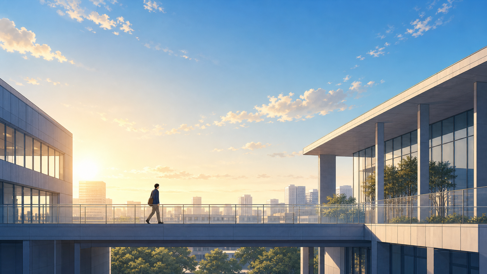 朝日の中で近代建築を結ぶ歩行者デッキを着実に進む一級建築士受験者