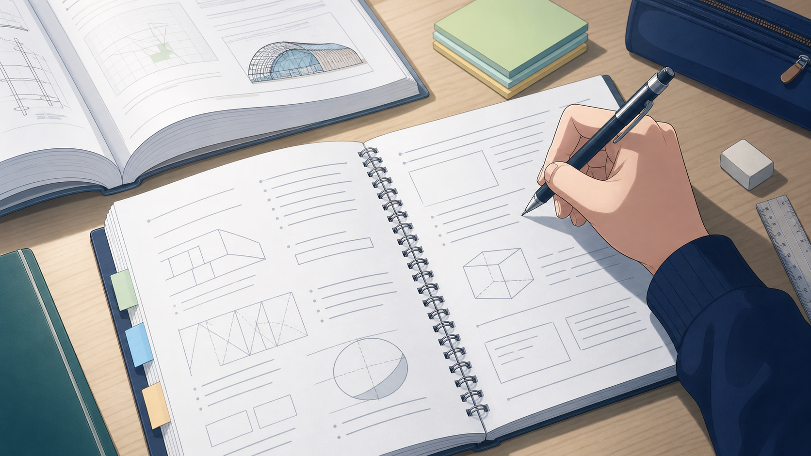 覚えづらい用語や公式をノートに整理する受験者の手元