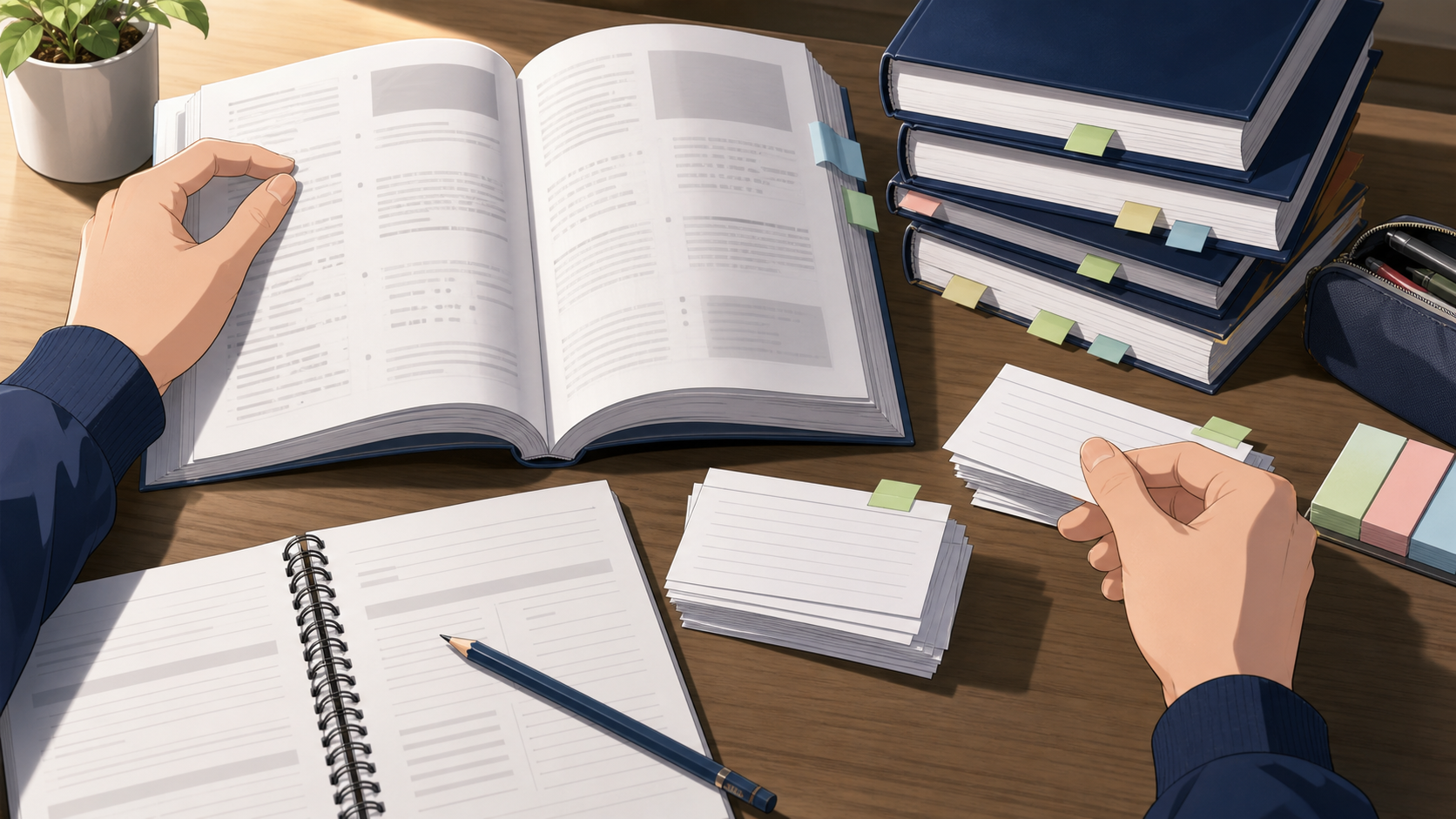 過去問と間違えた問題を整理して繰り返し学習する受験者の机
