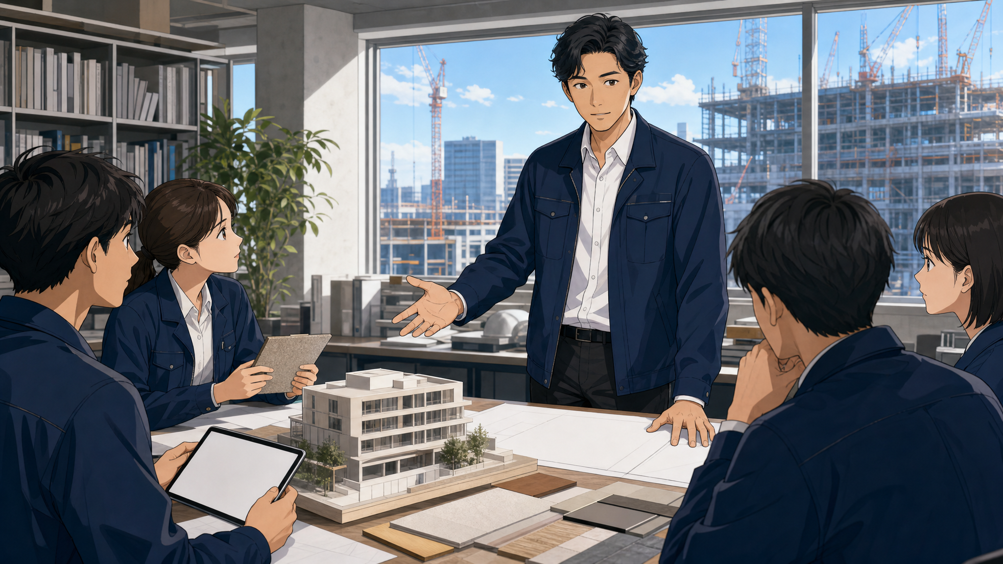建築プロジェクトの計画を若手社員へ説明する一級建築士