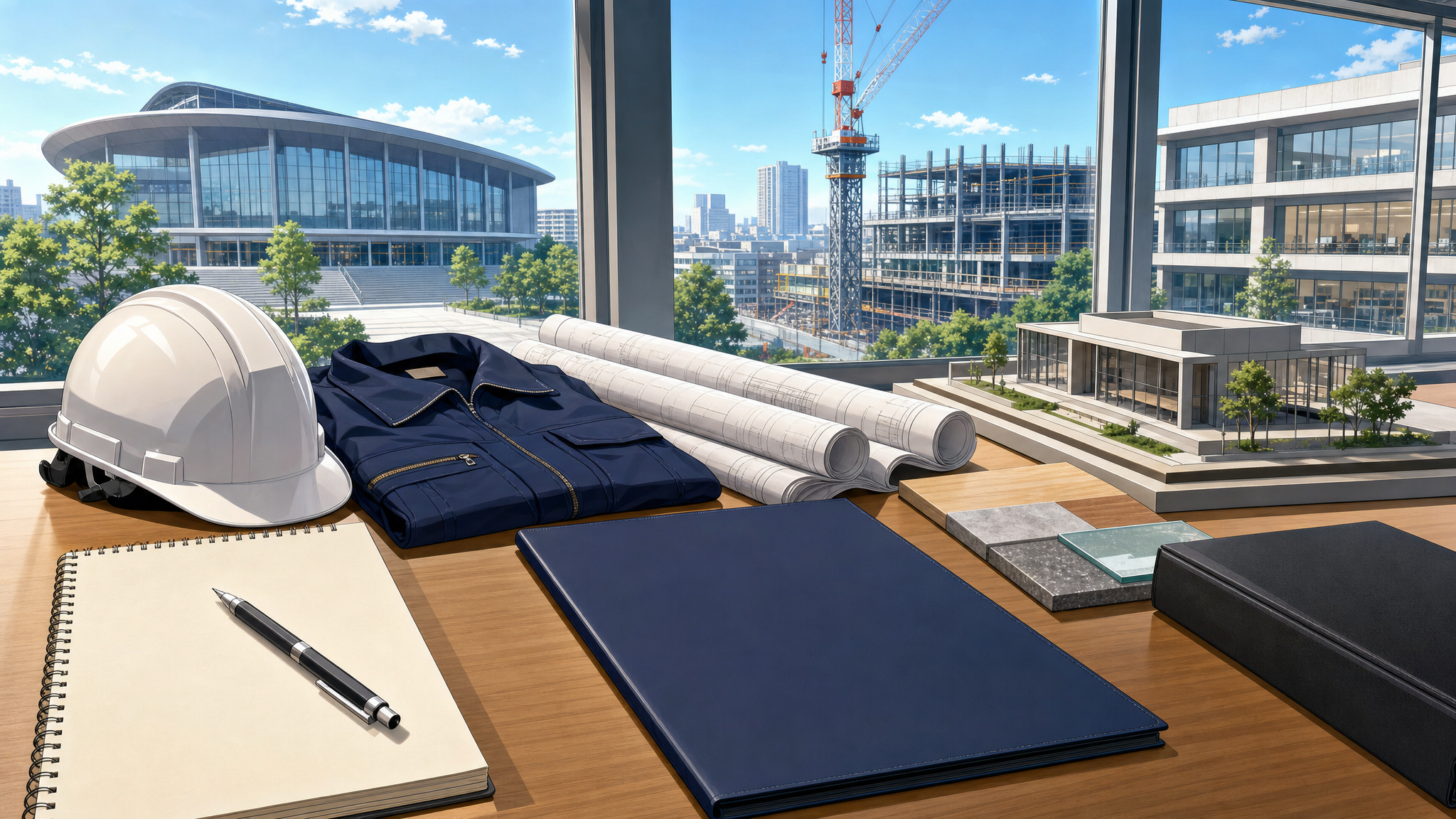 一級建築士資格の長期的な価値を建築道具と模型で表したイラスト