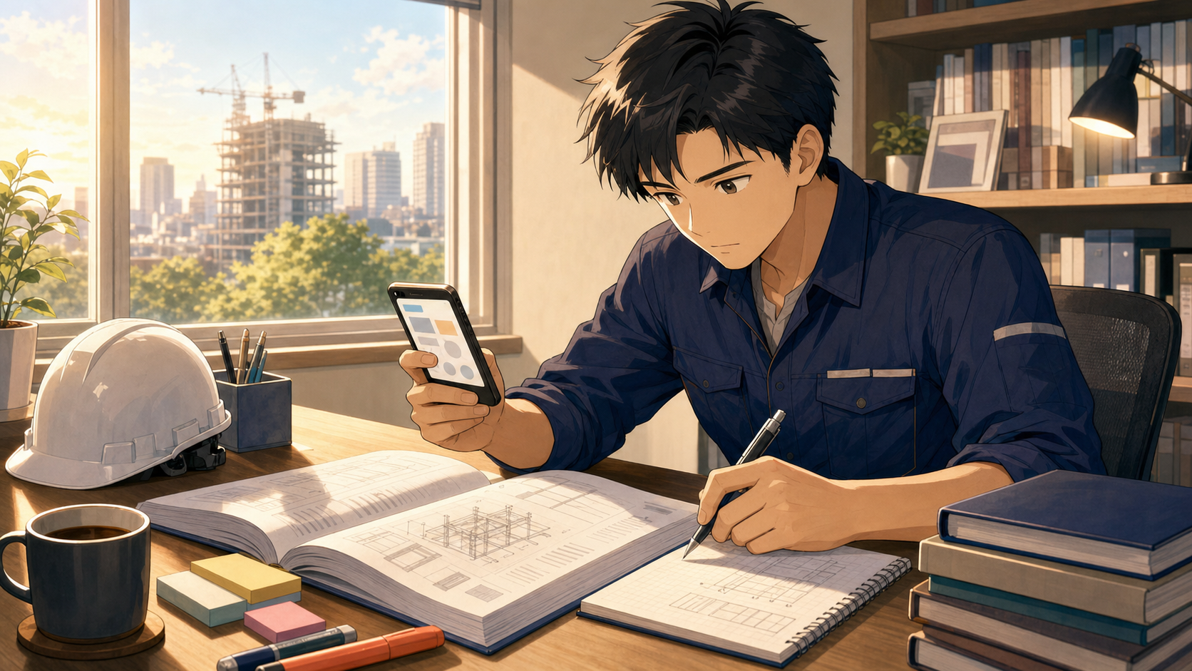 スマホ学習とテキストで一級建築士学科試験対策をする社会人のイラスト