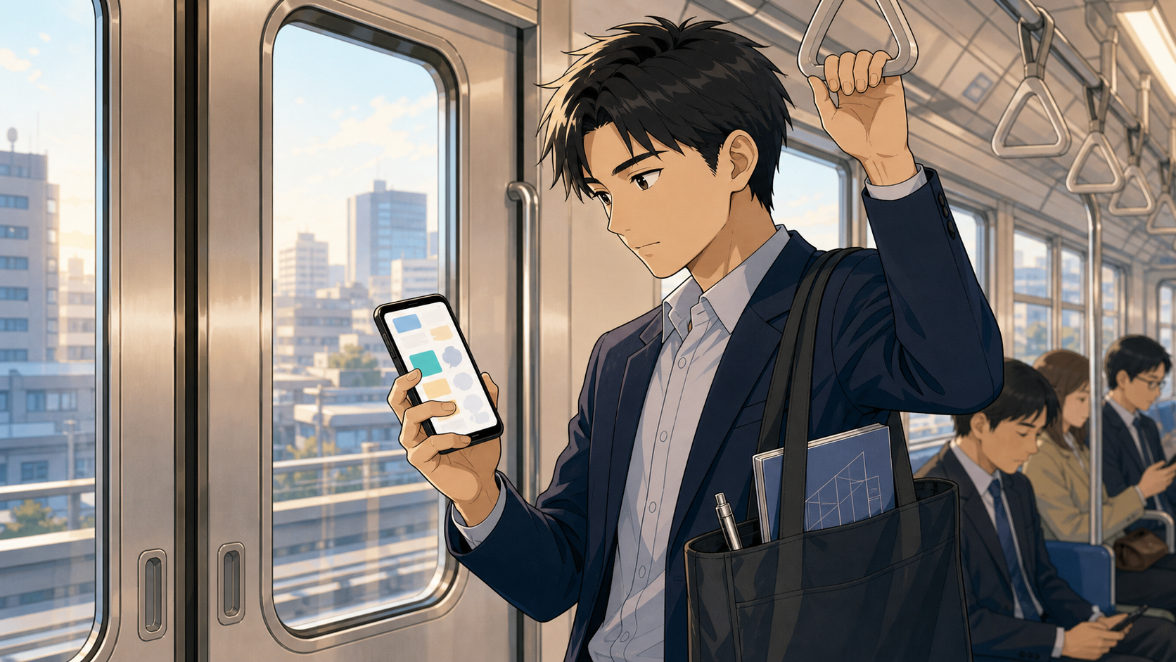 通勤中にスマホアプリで一級建築士学科試験を学習する社会人のイラスト