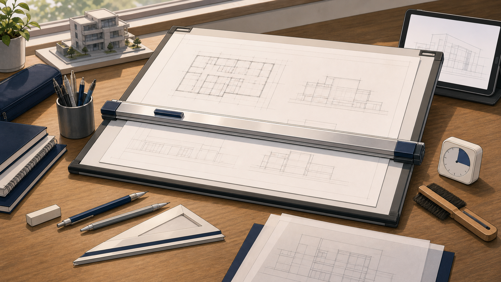 A2製図板と平行定規など一級建築士製図試験の道具を並べたイラスト