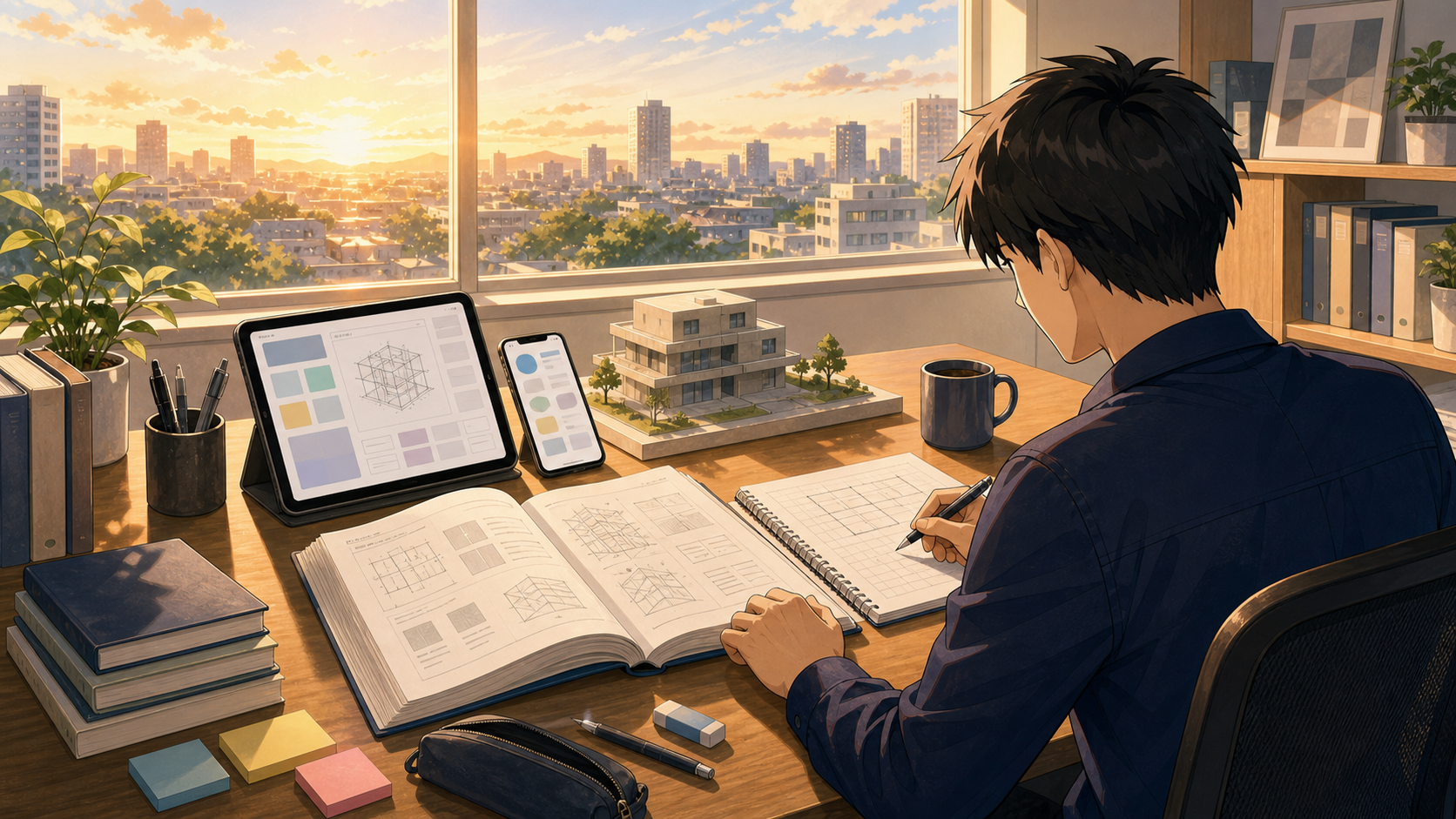 アプリとテキストを組み合わせて一級建築士学科試験を学ぶ社会人のイラスト