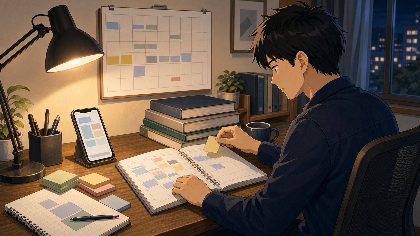 学習計画を立てながら一級建築士試験対策を進める社会人のイラスト