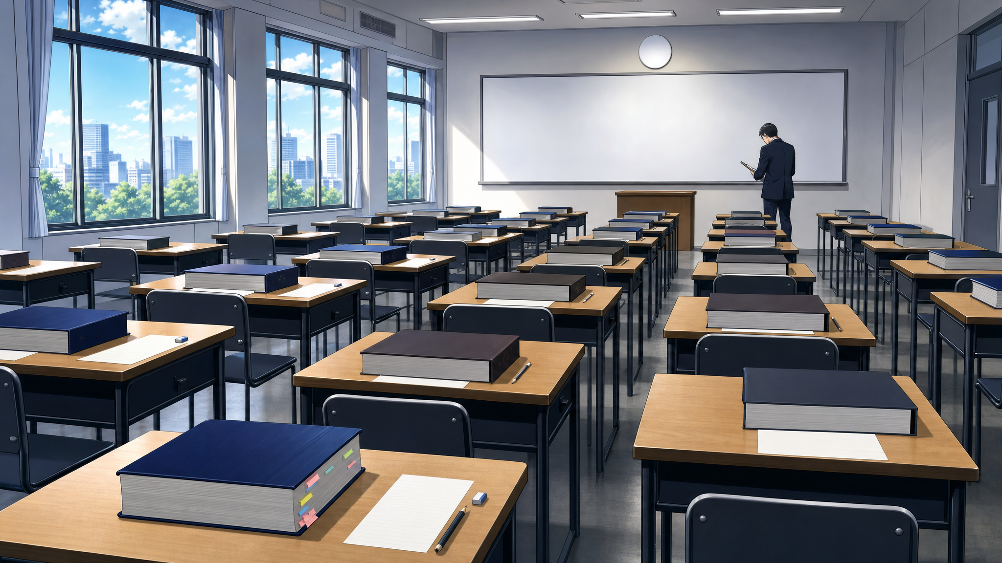 法令集が置かれた一級建築士学科試験の模擬試験会場