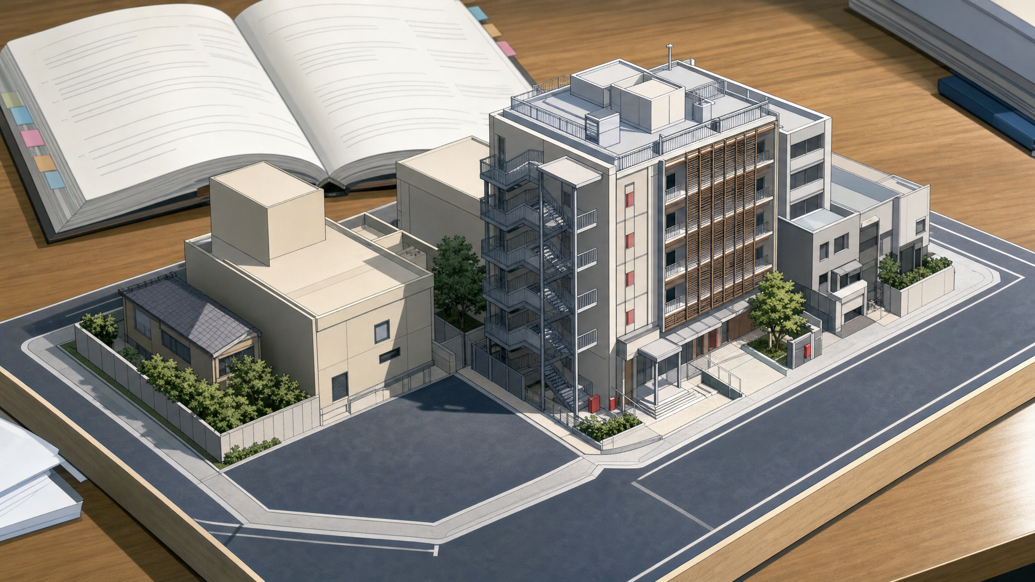 避難や防火や都市計画の頻出テーマを表した建築街区模型