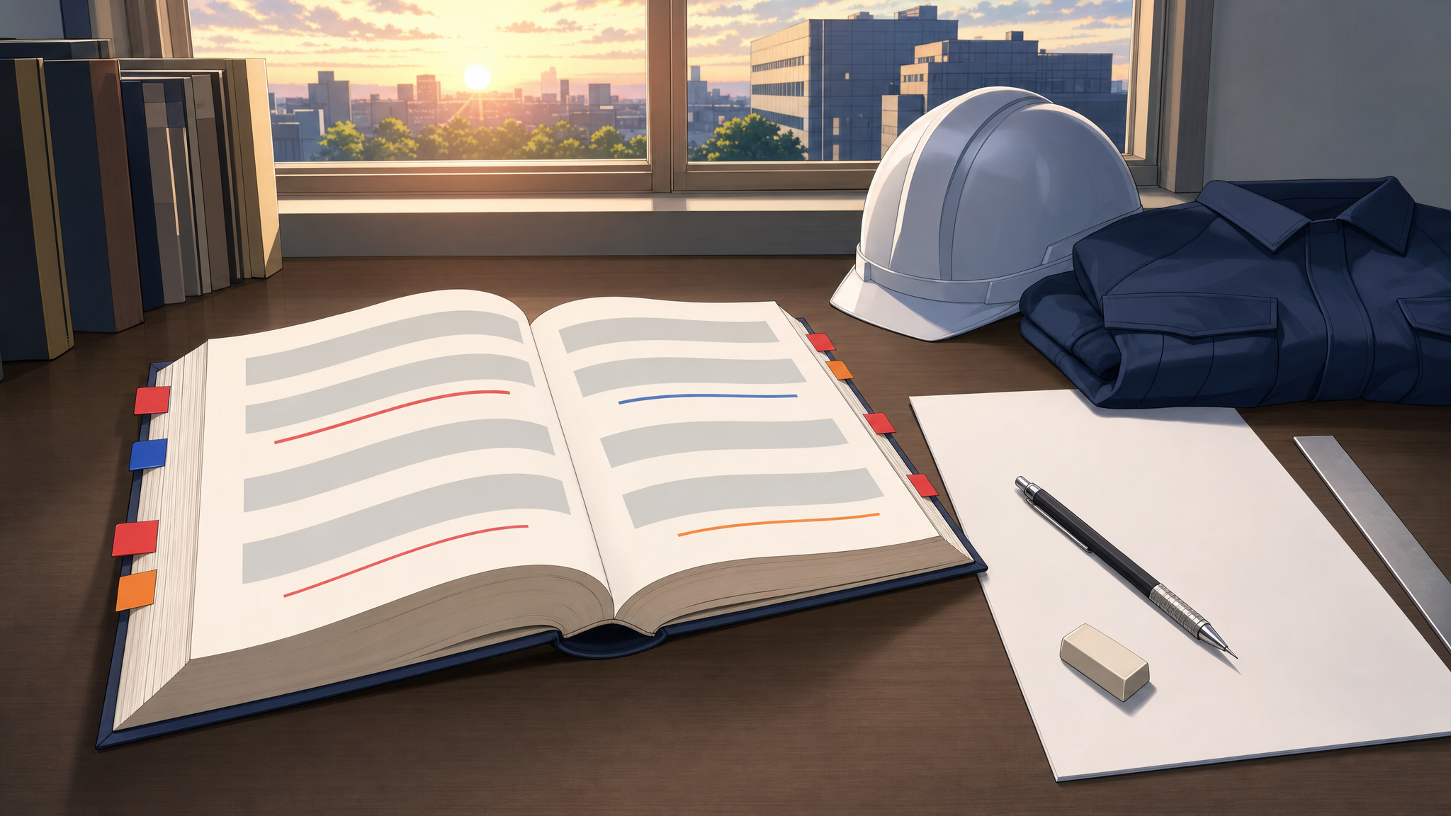試験直前に準備された法令集と学習道具