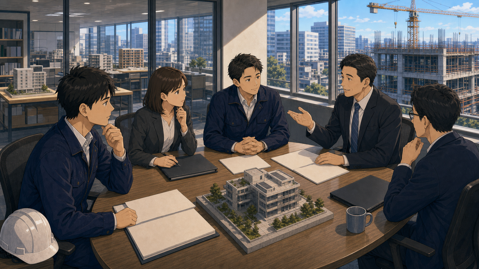 建設業界の転職について専門家に相談する若手と中堅の建築技術者