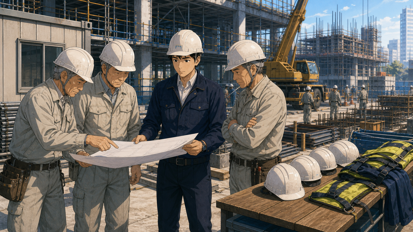 ベテランと若手が現場で図面を確認する建設業界の人手不足を表すイラスト