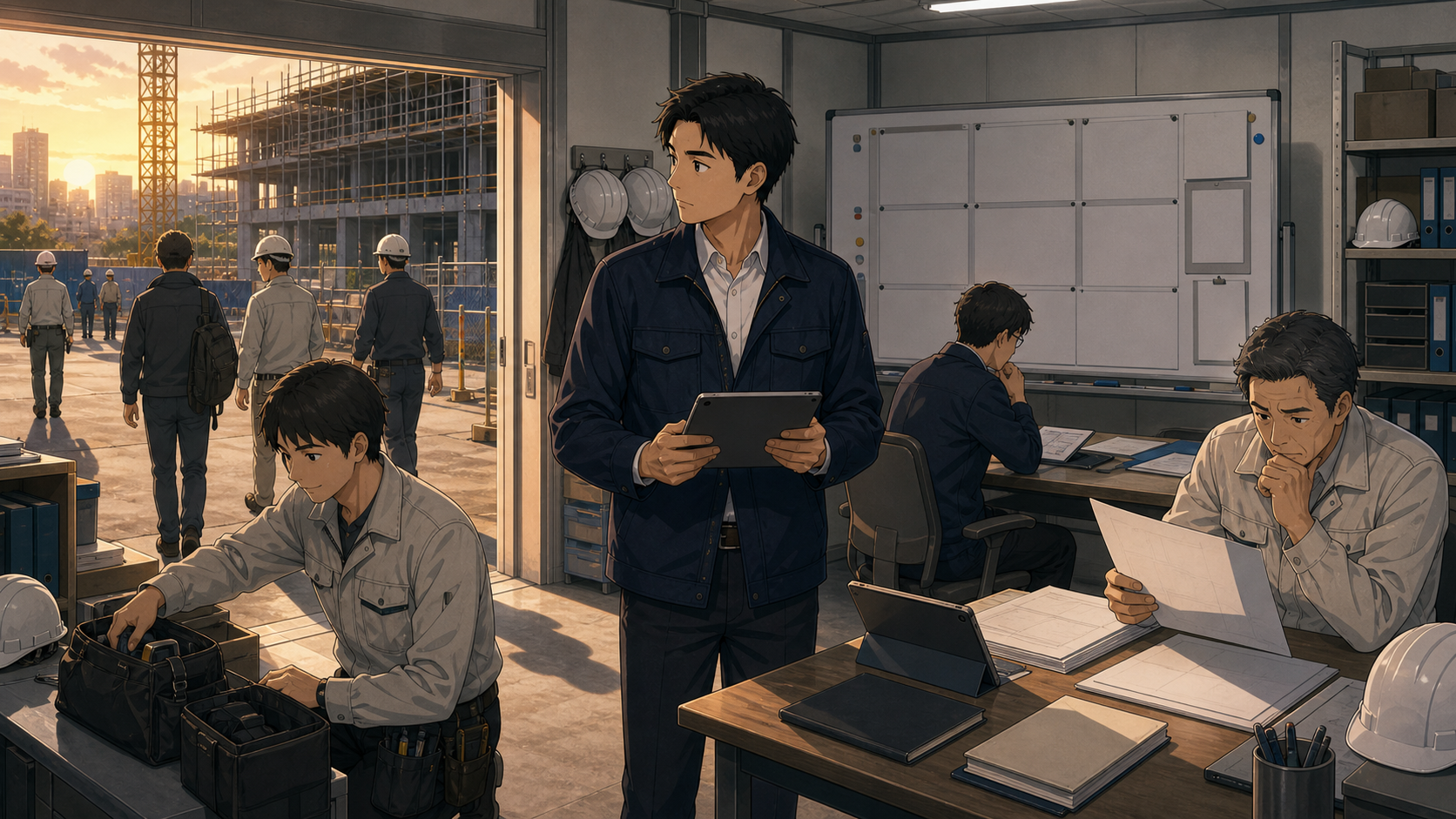 建設現場の働き方改革と現場管理の変化を表すイラスト