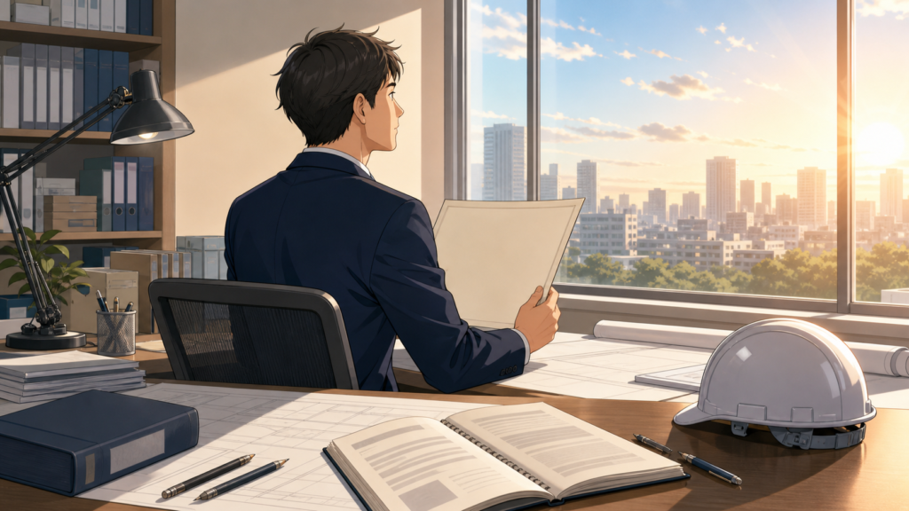 一級建築士に7年かけて合格した経験を振り返る建築士のイラスト
