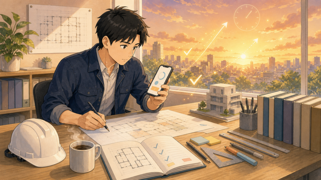 ゼネコンの現場監督として働きながら一級建築士試験を勉強する男性のイラスト