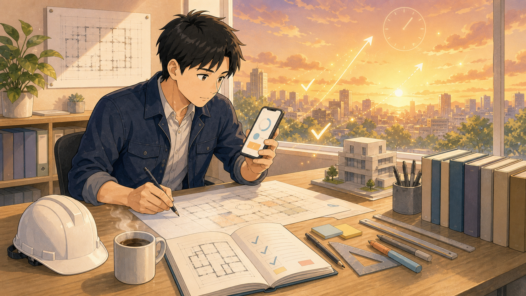 ゼネコンの現場監督として働きながら一級建築士試験を勉強する男性のイラスト