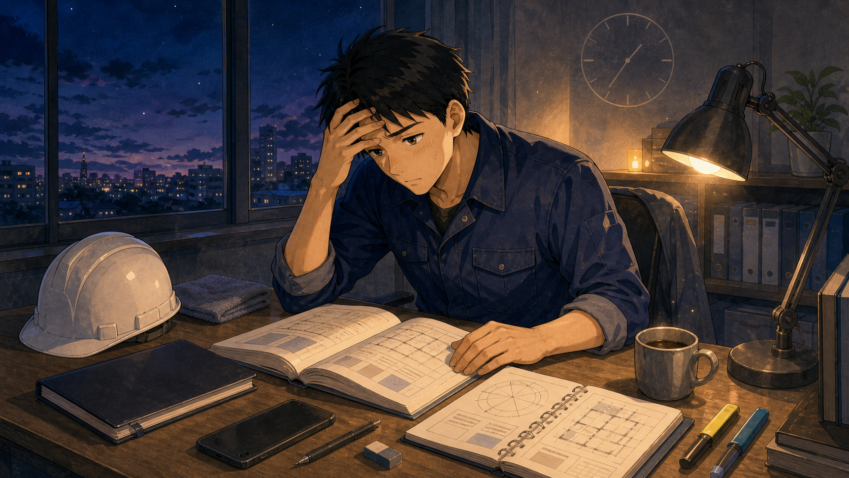 仕事と一級建築士試験の両立に悩みながら深夜に勉強する現場監督のイラスト