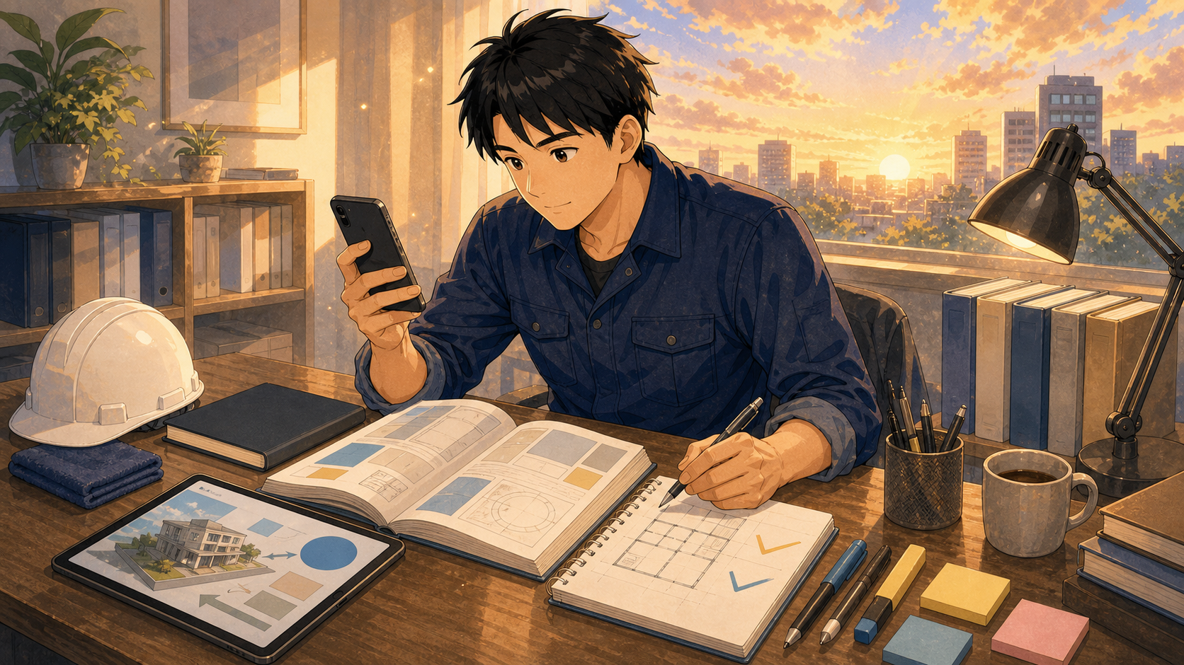 スマートフォンやタブレット、ノートを活用して一級建築士試験を効率よく勉強するイラスト