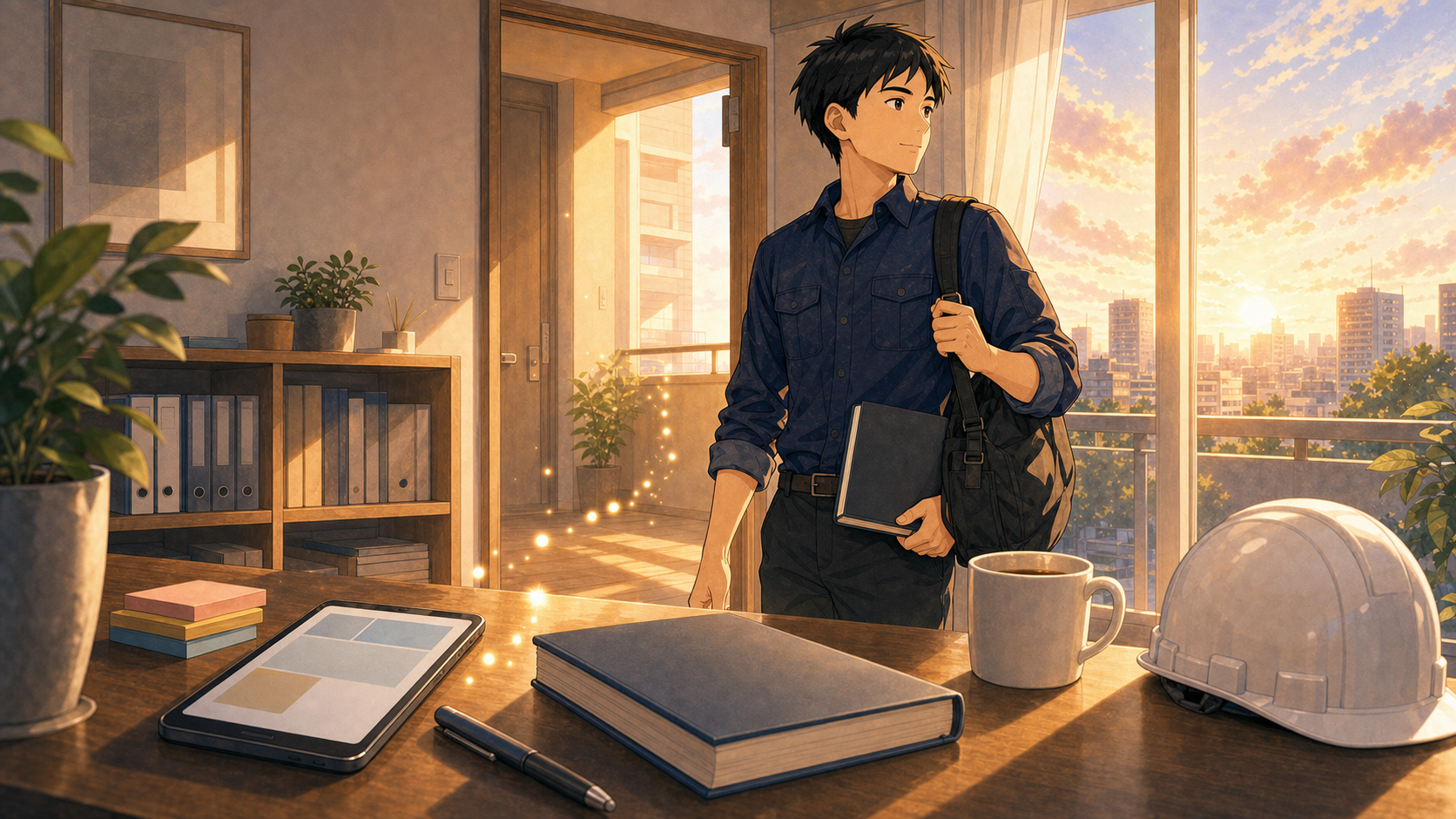 仕事と資格勉強を仕組み化し、朝の光の中で前向きに歩み始める現場監督のイラスト