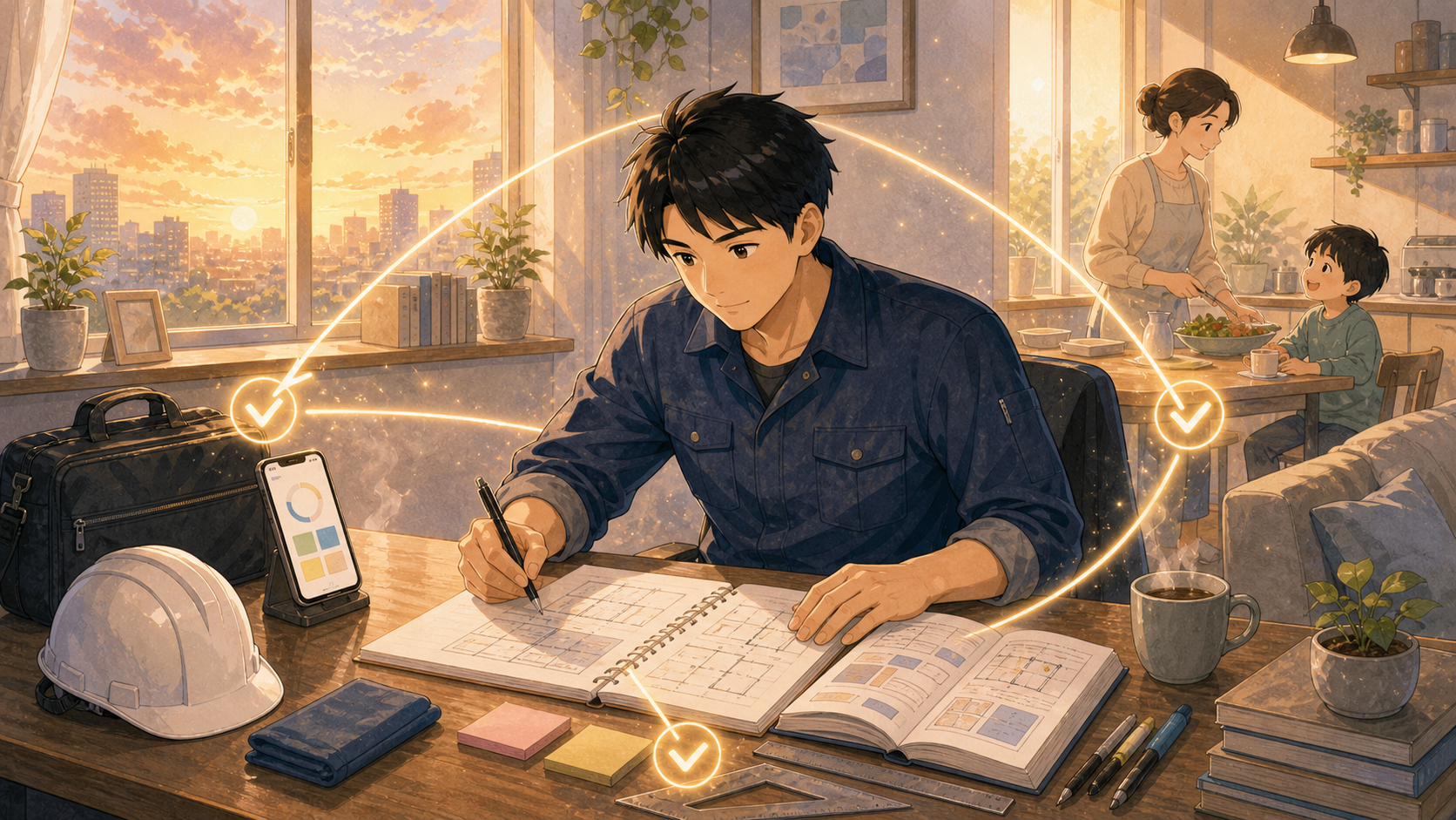 時間管理・学習環境・周囲の協力という3つの軸で仕事と資格勉強を両立するイラスト