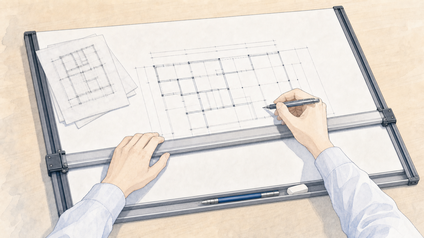 製図板で平面図を作図している手元