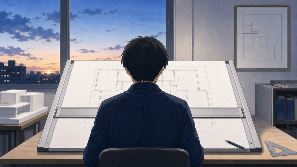 製図板に向かう受験者の後ろ姿。4回の不合格を経て5回目で合格した筆者の実体験イメージ
