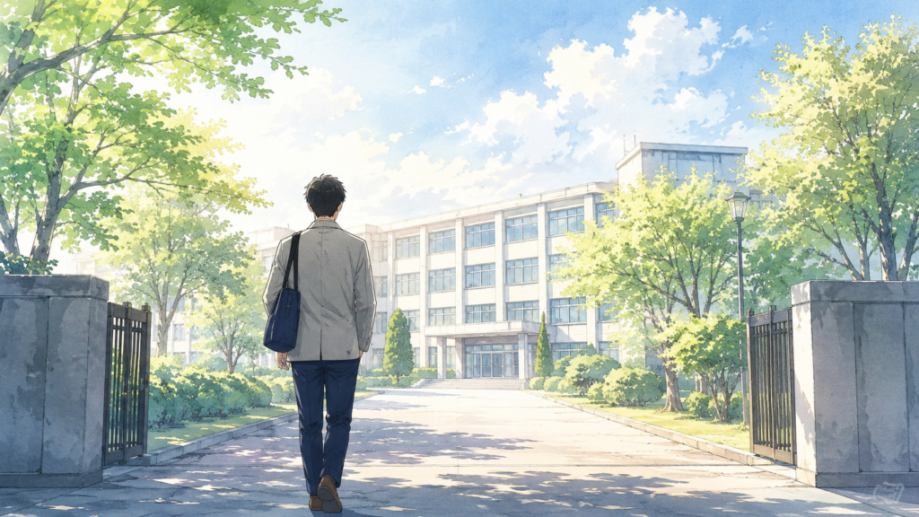 持ち物の準備を終えて一級建築士学科試験の会場へ向かうイメージ