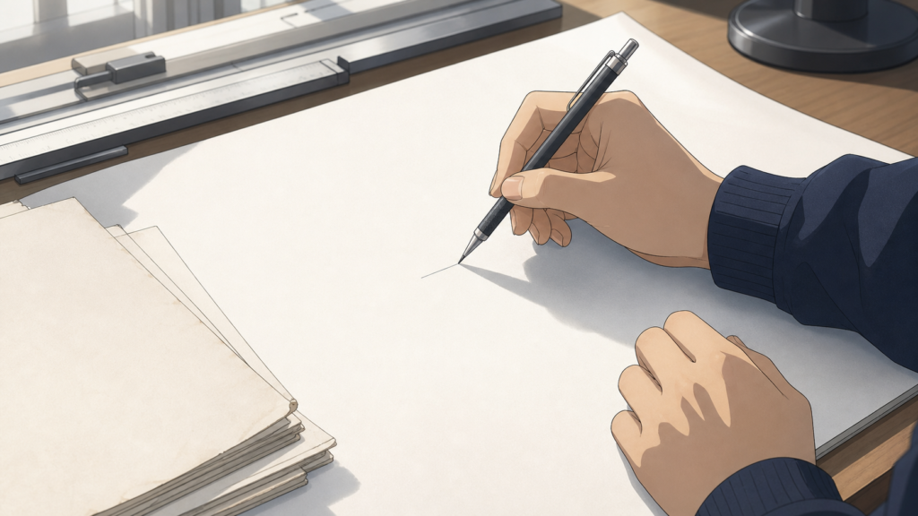 製図試験の合格に向けて図面を描き練習を重ねる受験者の手元